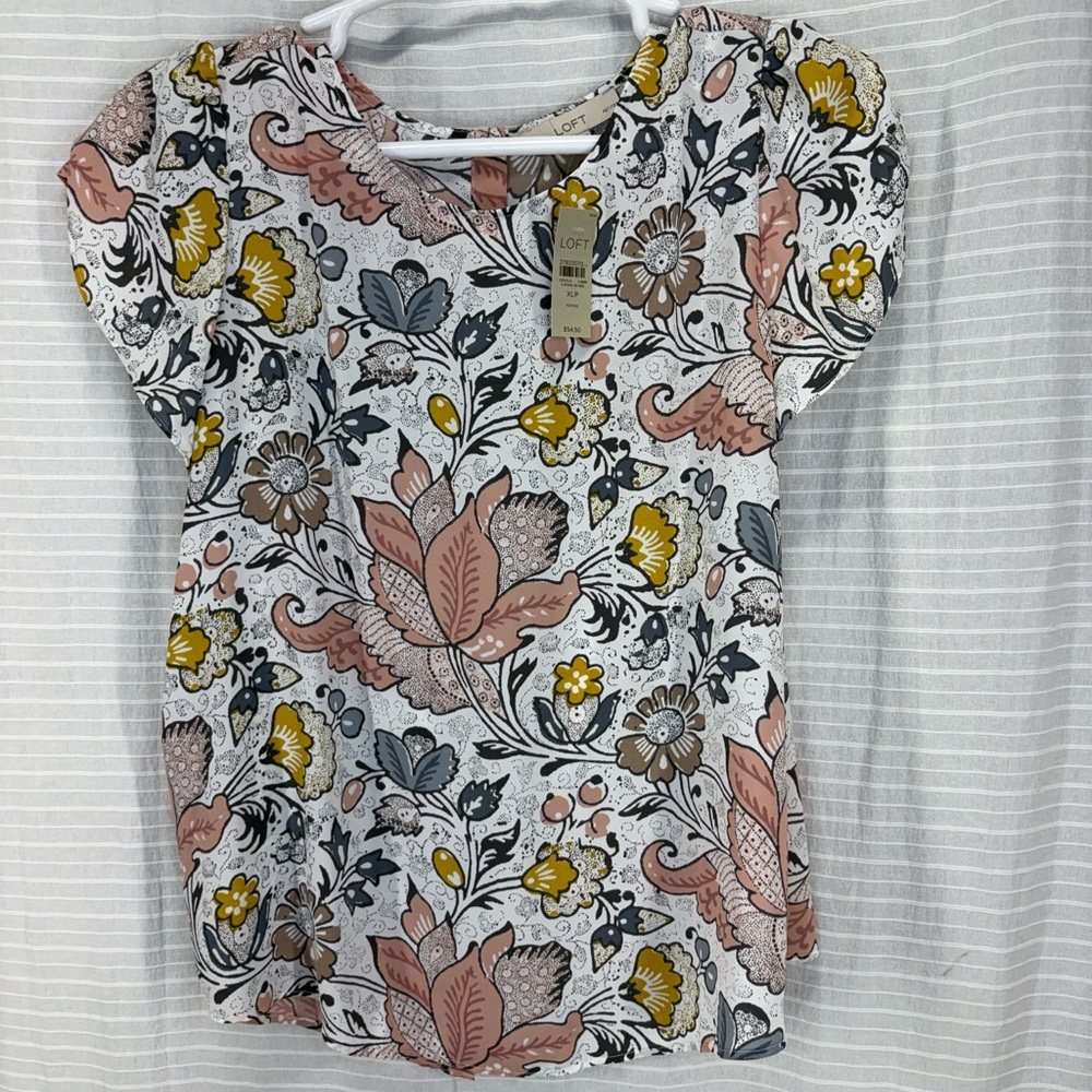 LOFT White Floral Puff-Sleeve Top with Pink and Mustard Accents